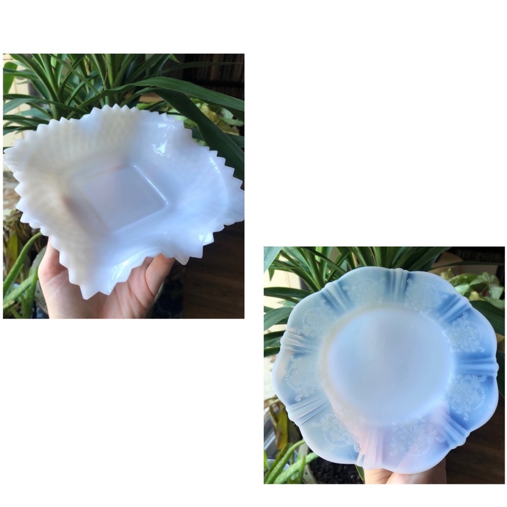 Vintage Milk Glass Ruffled Dish And Plate Set of 2